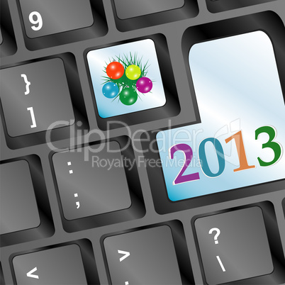 Happy new year word on keyboard button and fir and balls