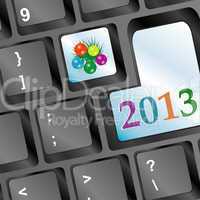 Happy new year word on keyboard button and fir and balls