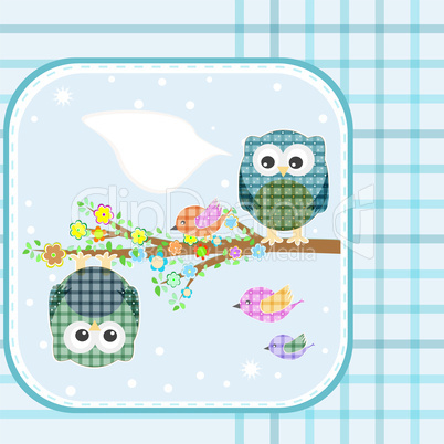 textile owl and bird on floral branch tree with empty bubbles