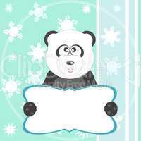 Baby winter background with funny young teddy bear panda