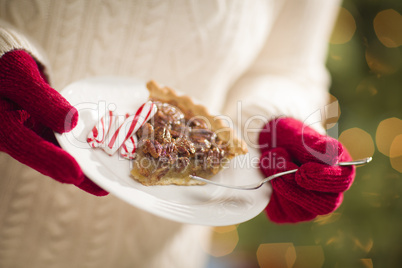 Woman Wearing Red Mittens Holding Plate of Pecan Pie, Peppermint