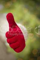 Woman Wearing Red Mittens Holding Out Thumbs Up Hand Sign