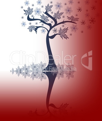 Abstraction  tree with leaves, snowflakes on a red-white background