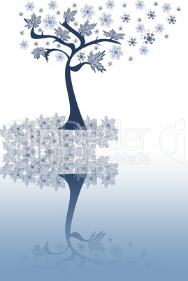 Abstraction  tree with leaves, snowflakes on a white-blue background