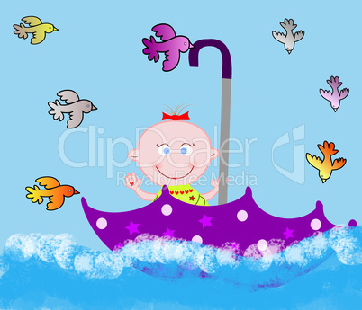 Little merry child in an umbrella on water with birdies