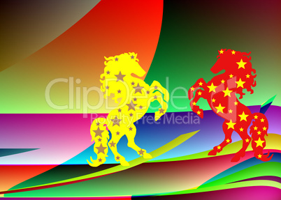 Two horse on the abstract coloured background