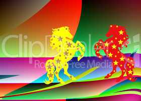 Two horse on the abstract coloured background