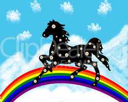Black horse in camomiles on a rainbow on a background snow mountains