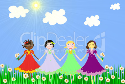 The girls of different races on a green meadow