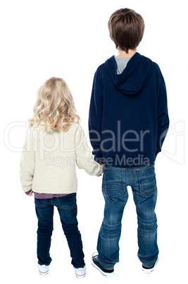 Rear view of two little kids. Boy holding his sister.