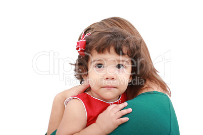 Portrait of a mother hugging her daughter, isolated over white