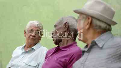 Happy seniors, old men laughing and talking in park