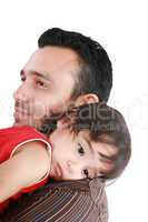 beautiful little girl hugging embracing her father.  Focus in th