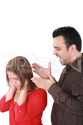 Portrait of a young woman gets earful from an annoyed man agains