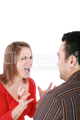 Young couple in conflict shouting isolated on white background.
