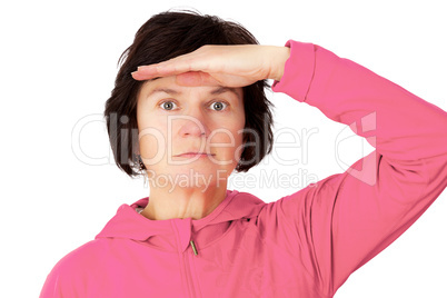 Woman holds open hand to his forehead and looks into the distance