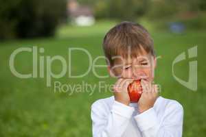 Kleiner Junge isst einen Apfel