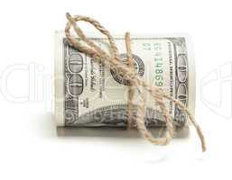 Roll of One Hundred Dollar Bills Tied in Burlap String on White