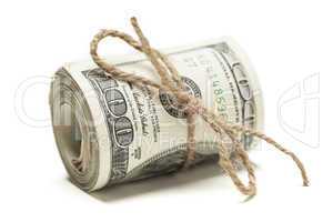 Roll of One Hundred Dollar Bills Tied in Burlap String on White
