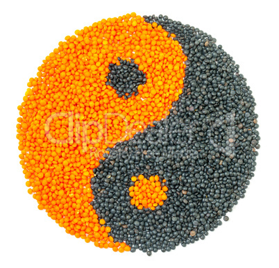 Orange and Black Lentil forming a yin yang symbol