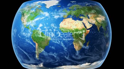 Realistic World Map Wraps to Globe (black bg)