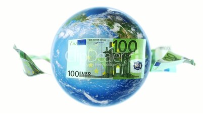 EUR Banknotes Around Earth on White (Loop)