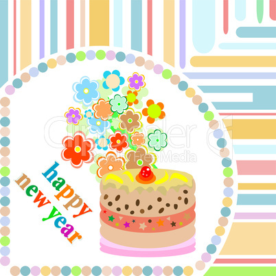 Christmas card background. new year cake and flowers