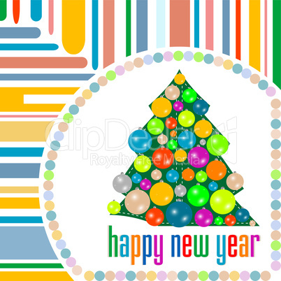 christmas card with holiday tree and new year balls