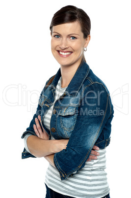 Cheerful middle aged woman in trendy clothing