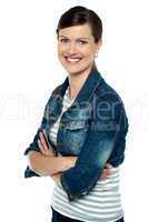 Cheerful middle aged woman in trendy clothing