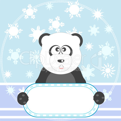 Cute panda with white blank on winter background