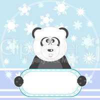 Cute panda with white blank on winter background