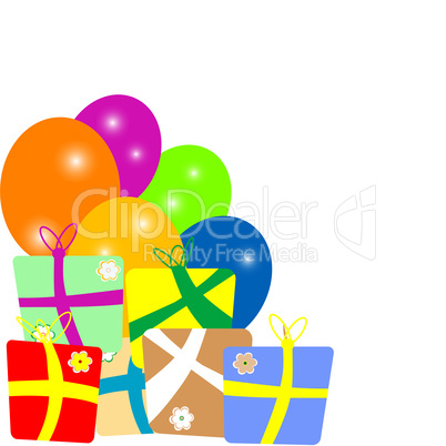 colorful gift boxes with balloons frame over white background