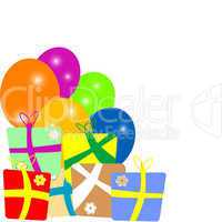 colorful gift boxes with balloons frame over white background