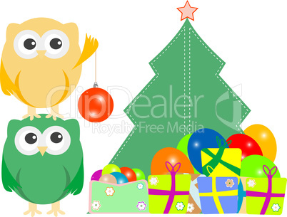 owl family with christmas tree, balls, balloons and gift boxes