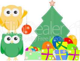 owl family with christmas tree, balls, balloons and gift boxes