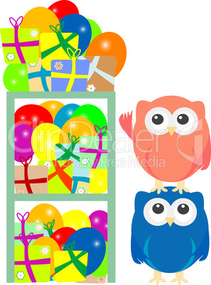 Winter card with cute owl, balls and gift boxes