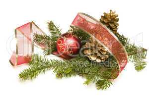 Christmas Ornaments, Pine Cones, Red Ribbon and Pine Branches on
