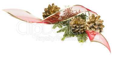 Pine Cones, Red Ribbon and Pine Branches Isolated on White