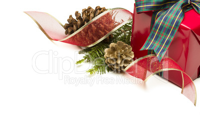 Christmas Present with Ribbon, Pine Cones and Pine Branches on W