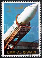 Postage stamp Umm al-Quwain 1972 Soviet Rocket being Erected