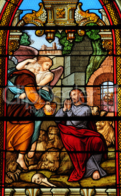 France, stained glass window in the church of Les Mureaux