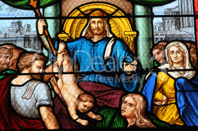 France, stained glass window in the church of Les Mureaux