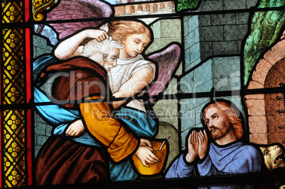 France, stained glass window in the church of Les Mureaux