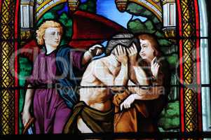 France, stained glass window in the church of Les Mureaux