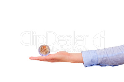 Outstretched hand with euro coin