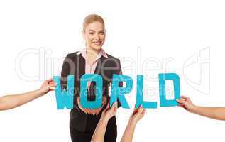Smiling woman with the word WORLD