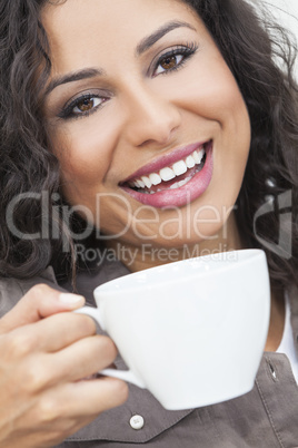 Happy Hispanic Woman Smiling Drinking Tea or Coffee