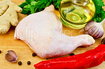 Chicken leg with vegetables and oil
