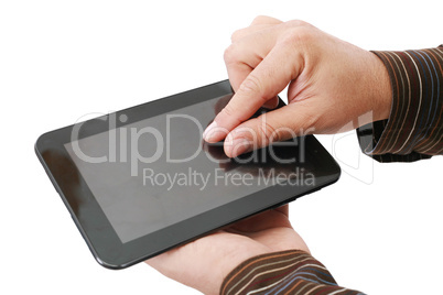 Man hands are pointing on touch screen device